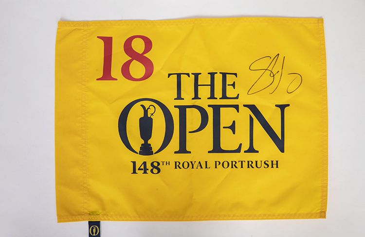 18th hole flag signed by Shane Lowry from the Open Championships Royal, Portrush, 2019