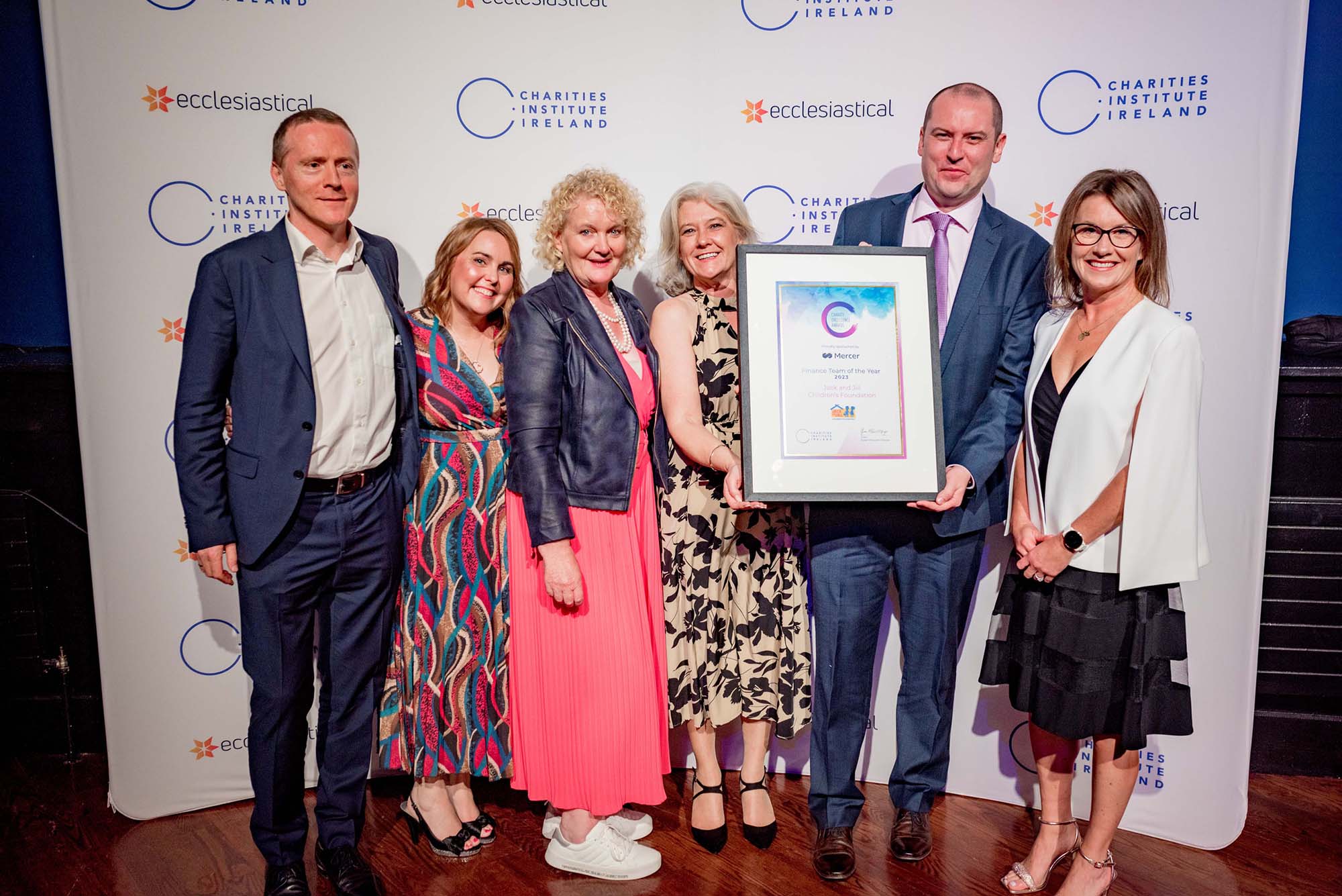 Jack and Jill Finance Team of the Year 2023 receives award from category sponsor, Mercer, at the Charities Institute Awards in Dublin, 11th October 2023