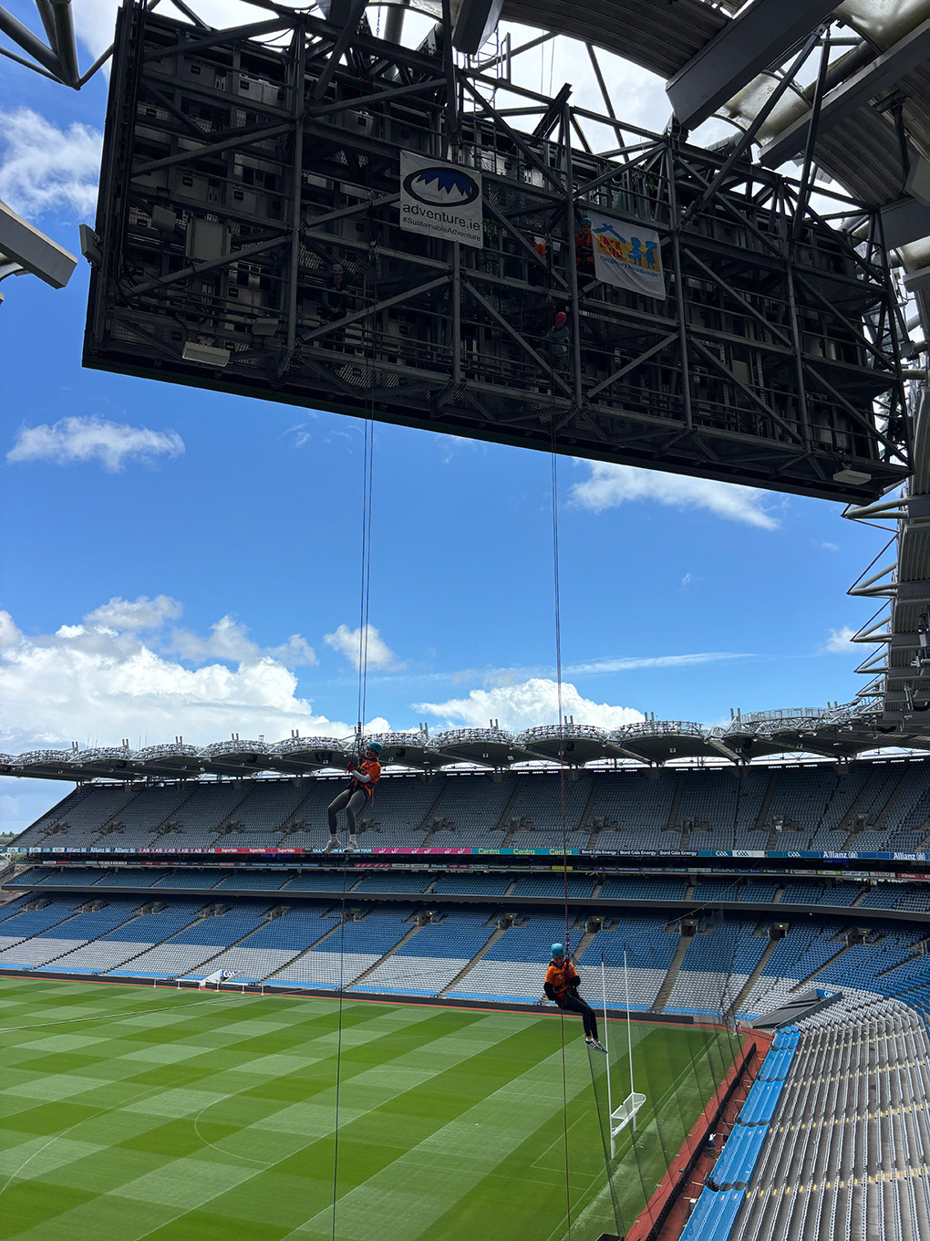 Jack and Jill Abseil participant 2026 Abseiling with view of Croke Park pitch behind them