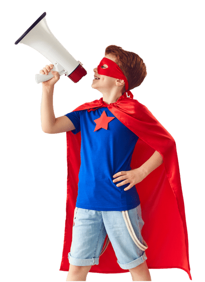 Small boy wearing cape with megaphone