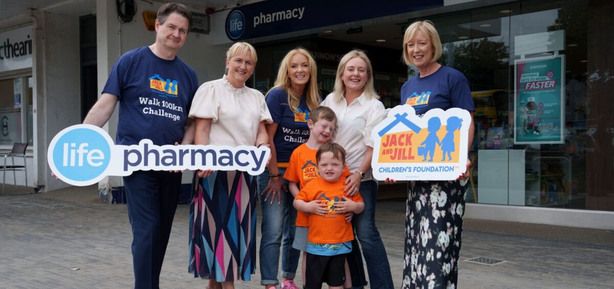 Life Pharmacy’s Criofan Shannon, Nurse Caroline Thomas, Dr. Ciara Kelly, Mum Louise Garry, Brady Garry, Ross Garry and Jack and Jill CEO, Deirdre Walsh at launch of Life Pharmacy 100km
