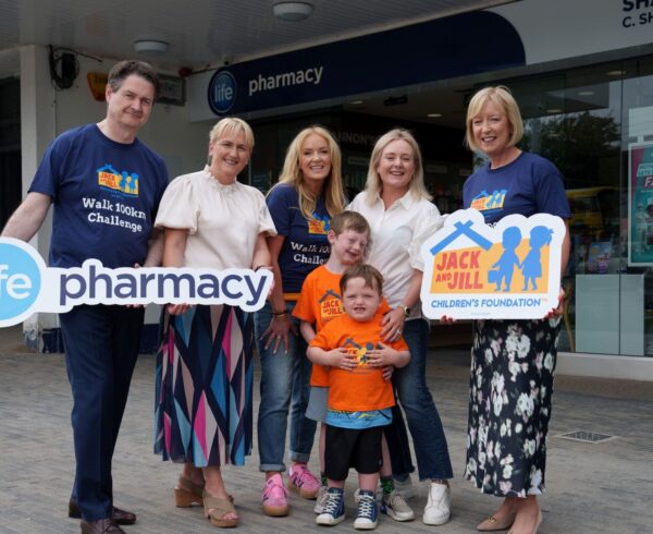 Life Pharmacy’s Criofan Shannon, Nurse Caroline Thomas, Dr. Ciara Kelly, Mum Louise Garry, Brady Garry, Ross Garry and Jack and Jill CEO, Deirdre Walsh at launch of Life Pharmacy 100km