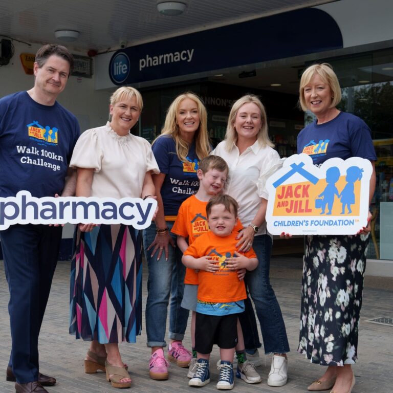 Life Pharmacy’s Criofan Shannon, Nurse Caroline Thomas, Dr. Ciara Kelly, Mum Louise Garry, Brady Garry, Ross Garry and Jack and Jill CEO, Deirdre Walsh at launch of Life Pharmacy 100km