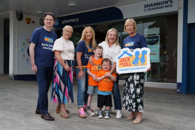 Life Pharmacy’s Criofan Shannon, Nurse Caroline Thomas, Dr. Ciara Kelly, Mum Louise Garry, Brady Garry, Ross Garry and Jack and Jill CEO, Deirdre Walsh at launch of Life Pharmacy 100km