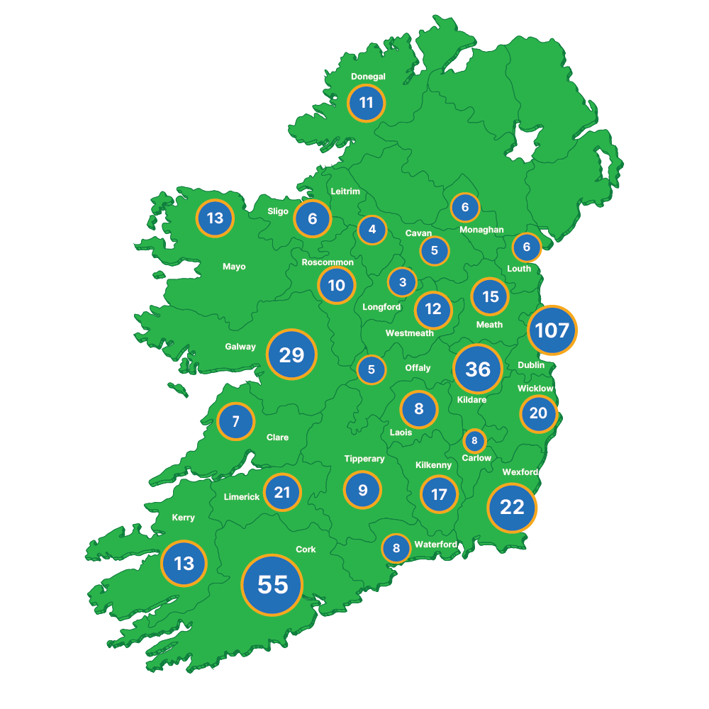 Map of Ireland with county breakdown of Jack and Jill families under our care