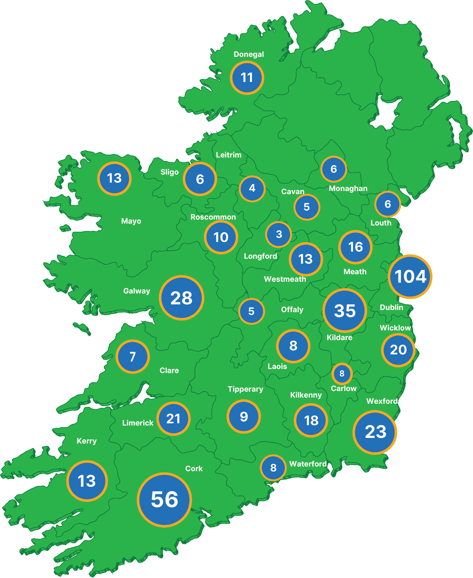 Capa 1@2x Map of Ireland with county breakdown of Jack and Jill families under our care