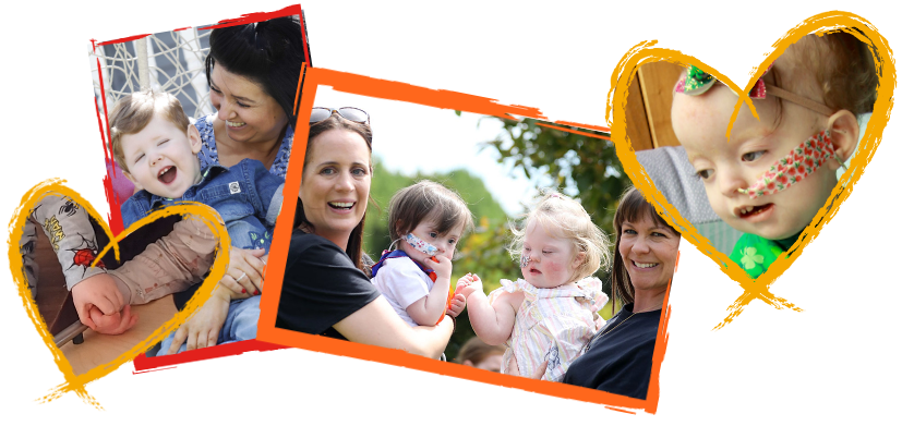 Images of Jack and Jill families and children in rectangular and heart-shaped frames