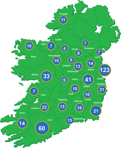 Map of Ireland with the numbers of families supported by Jack and Jill broken down by county