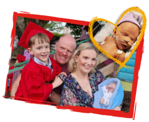 A family photo collage featuring parents with their young son wearing a red graduation cap and gown, and a mother holding a newborn wrapped in a blue blanket. In the top-right corner, a heart-shaped insert image shows the newborn sleeping in a hospital setting with medical tubing taped to their face.