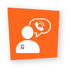 White silhouette of a person with the Jack and Jill logo, next to a phone call speech bubble on an orange background.