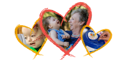Three brushstroke hearts showing a child with medical needs, a woman holding a laughing baby, and a hand dropping a coin into a donation bucket.
