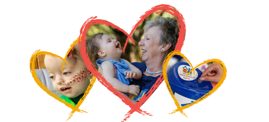 Three brushstroke hearts showing a child with medical needs, a woman holding a laughing baby, and a hand dropping a coin into a donation bucket.