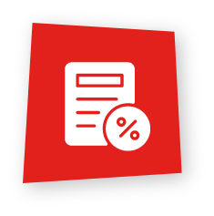 A red square tilted slightly with a white icon of a financial document featuring lines of text and a percentage sign badge in the bottom corner.