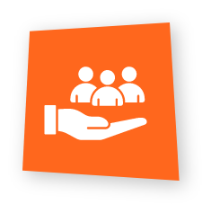 An orange square tilted slightly with a white icon of a hand holding and supporting three people.