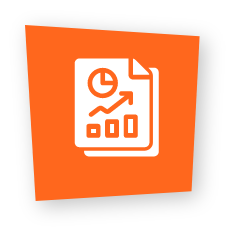 An orange square tilted slightly with a white report document icon featuring a pie chart, an upward trend arrow, and a bar chart.