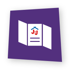 A purple square tilted slightly with a white tri-fold brochure icon showing the J&J roof logo on the center panel.