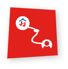 Icon featuring a person connected by a path to the J&J logo on a red background, symbolizing career growth.