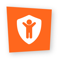 An orange square tilted slightly with a white shield icon enclosing the cutout silhouette of a child with raised arms.