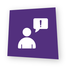 A purple square tilted slightly with a white icon of a person next to a speech bubble containing an exclamation mark.