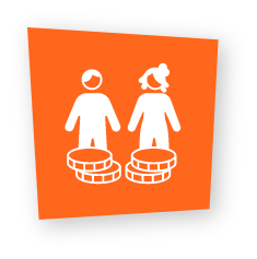 An orange square tilted slightly with a white icon of male and female figures standing above stacks of coins.