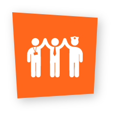 An orange square tilted slightly with a white icon of three people holding hands in unity, representing a staff member with an ID badge, a business professional in a tie, and a nurse in a cap.
