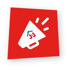 A red square tilted slightly with a white megaphones icon displaying sound lines and the J&J roof logo on its side.