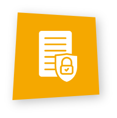 A yellow square tilted slightly with a white document icon featuring lines of text and a shield badge containing a padlock in the bottom right corner.