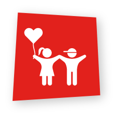 Icon showing two children holding hands, with a young girl holding a heart-shaped balloon