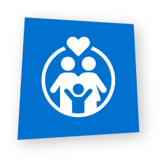Icon showing a family enclosed in a circle with a heart above them