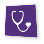 Model of care icon featuring a stethoscope with a heart piece.