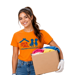 Smiling volunteer wearing an orange Jack and Jill Children's Foundation t-shirt carrying a box of folded clothes for corporate partnership donations.