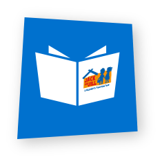 A blue square tilted slightly with a cutout of an open book. Inside the book is the Jack & Jill Children's Foundation logo, which features two children holding hands near a house.