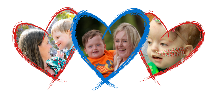 Three heart-framed photos of children and caregivers supported by the Jack and Jill Foundation