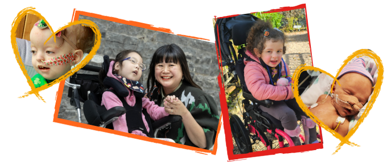 A photo collage framed by two heart outlines showing children receiving care, including a woman holding hands with a young girl in a wheelchair, a smiling child in a wheelchair, and two infants with medical tubing.