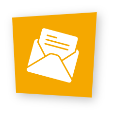 White silhouette of an open envelope with a letter inside on a yellow-gold background.