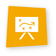 A yellow square tilted slightly with a white whiteboard icon displaying a strategy diagram featuring 'X' marks and a curved arrow pointing upward.