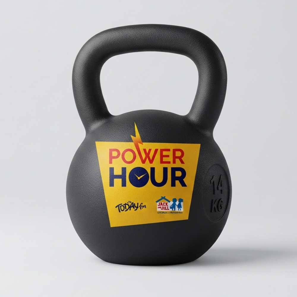 14kg Kettlebell Challenge A black 14kg kettlebell featuring a 'Power Hour' campaign sticker with the Today FM and Jack and Jill Children's Foundation logos.