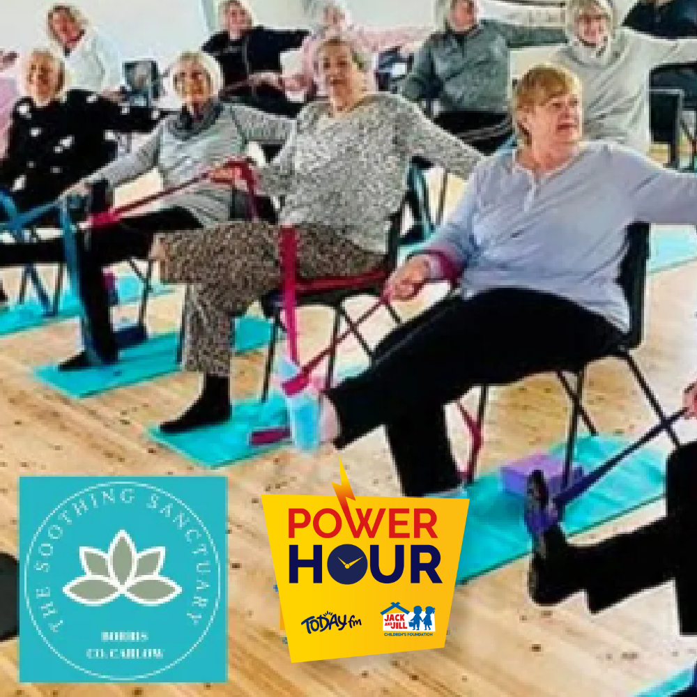 Chair Yoga & Relaxation Hour A group of older adults participating in a chair yoga and stretching class, with branding logos for "The Soothing Sanctuary" and "Power Hour" at the bottom.