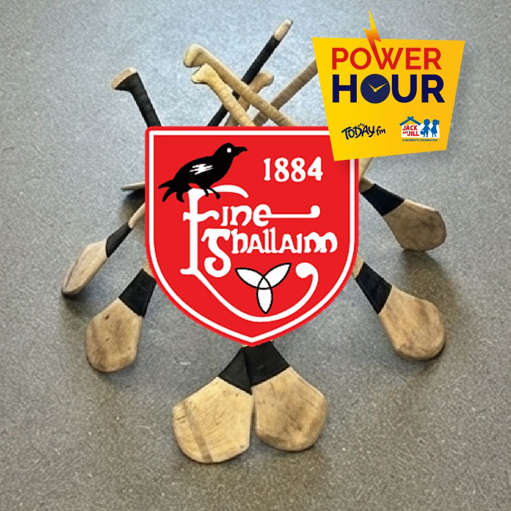 Fingallans Adult Camogie A collection of hurls arranged in a circle with the Fingallans GAA crest and the Power Hour campaign logo overlaid on top.