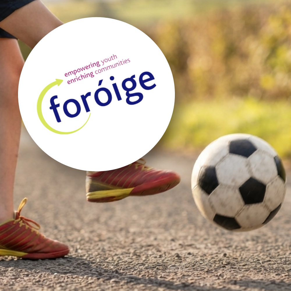 Foroige Monaghan A person kicking a football outdoors on a paved surface, with the Foróige logo overlaid in the corner.