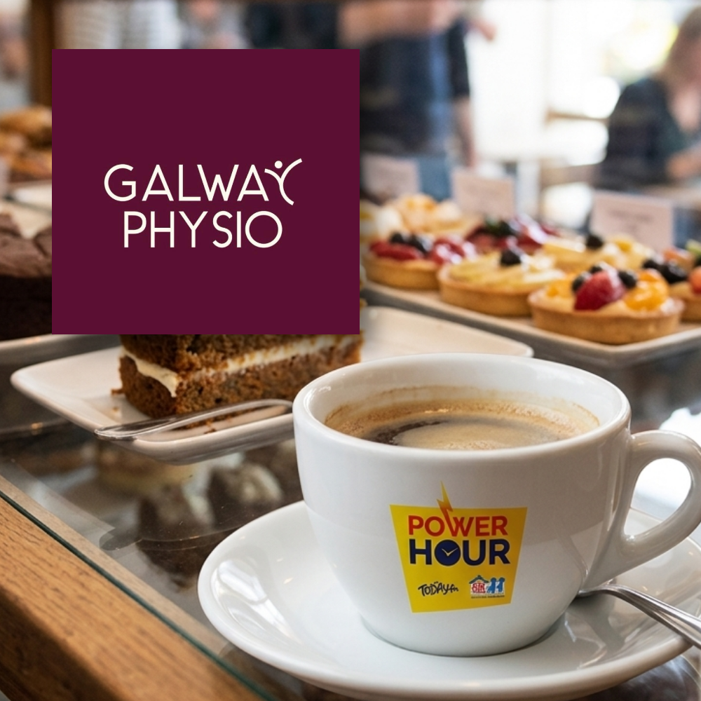 Galway Physiotherapy & Rehabilitation A white coffee cup and saucer featuring a "Power Hour" logo sitting on a counter near a display of cakes and tarts, with a maroon overlay displaying the text "Galway Physio".