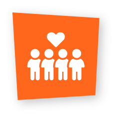 Community fundraising icon depicting a group of four people standing together beneath a heart