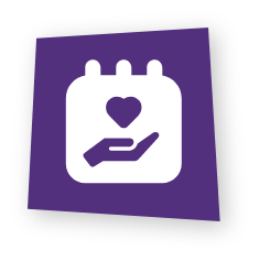 A purple icon showing a calendar with a heart above a supporting hand