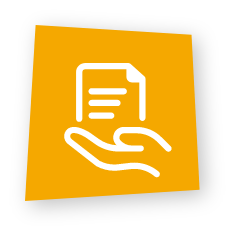 White icon of an open hand holding a document on a yellow background