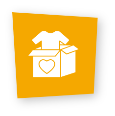 Shop donations icon depicting a clothing item inside an open donation box with a heart symbol