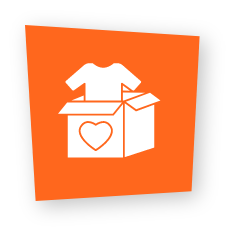 White icon of a t-shirt inside an open box with a heart on an orange background