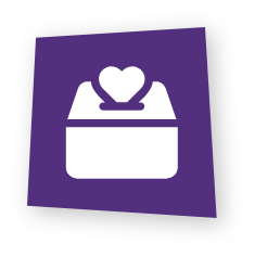 Purple square icon displaying a white donation box with a heart slot