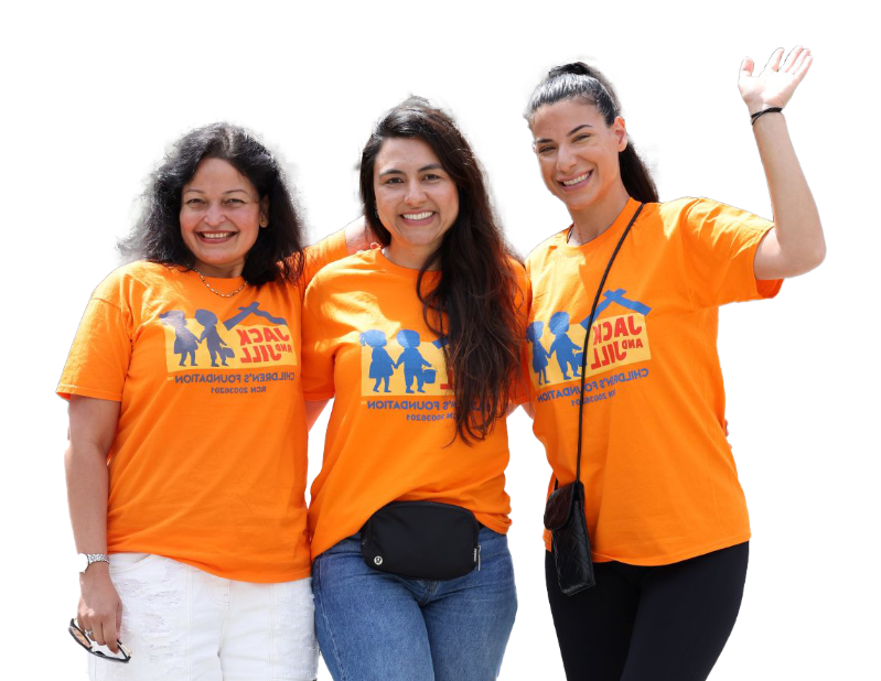 Jack and Jill How You Can Help banner Three smiling women wearing bright orange Jack and Jill Children's Foundation t-shirts, with one woman waving
