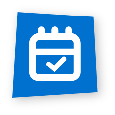 White calendar icon with a checkmark on a blue background
