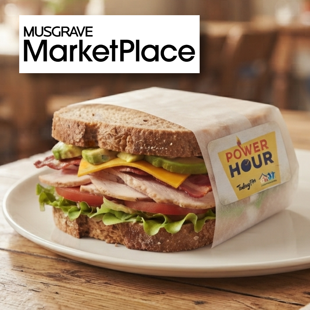 Musgrave Marketplace -Cork Lunch A sandwich wrapped in paper with a "Power Hour" sticker, sitting on a white plate on a wooden table, with a Musgrave MarketPlace logo overlaid in the upper-left corner.